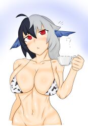 1girl 1girls ahoge big_boobs big_breasts bikini bikini_top bikini_top_only black_hair boobs breasts color colored cow_print cum cum_in_container cum_in_cup cup female female_focus female_only indie_virtual_youtuber large_boobs large_breasts long_hair looking_at_viewer mermaid mermaid_ears midriff multicolored_hair murmaider nacky navel plain_background question_mark red_eyes solo solo_female solo_focus split-color_hair twitch twitch.tv virtual_youtuber vtuber white_background white_hair