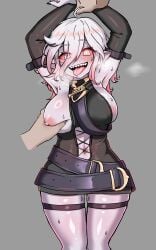 breasts briar_(league_of_legends) color hand_on_breast league_of_legends looking_at_viewer male male_hand mostly_clothed nipples one_breast_out restrained riot_games thick_thighs touching_breast unknown_artist white_hair