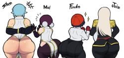 1boy 1femboy 3girls ass ass_comparison ass_focus ass_size_chart beanie behind_view black_hair blue_hair bottom_heavy bottom_heavy_femboy bubble_butt female femboy fuuko_izumo gigantic_ass girly gloves juiz_d'arc large_ass light-skinned_female light-skinned_femboy light-skinned_male light_skin long_hair male mui_(undead_unluck) red_gloves shen_xiang srjrgart trap undead_unluck