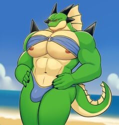 2024 5_fingers anthro beach big_bulge big_pecs bikini bikini_thong bikini_top black_nails breasts bulge clothing colored_nails db_male_characters_bikini_meme digital_drawing_(artwork) digital_media_(artwork) dorsal_frill dragon dragon_ball dragon_ball_z elfein fingers frill_(anatomy) green_body green_scales hands_on_hips hi_res horn looking_at_viewer male male_only multicolored_body multicolored_scales muscular mythological_creature mythological_scalie mythology nails navel nipples outside pecs porunga red_eyes scales scalie sharp_nails solo solo_focus swimwear tail two-piece_swimsuit two_tone_body two_tone_scales under_boob