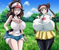 2girls big_ass boob_window breasts_bigger_than_head casual casual_nudity clothed female female_only greengiant2012 hilda_(pokemon) huge_ass huge_breasts multiple_girls nipples_visible_through_clothing no_bra pokemon rosa_(pokemon) sideass tagme take_your_pick teasing