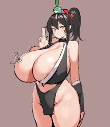 9is :< arm_behind_back black_choker black_hair bottomless choker gigantic_breasts ninja no_panties one_arm_up ponytail signature solo thick_thighs top_heavy voluptuous wide_hips yellow_eyes