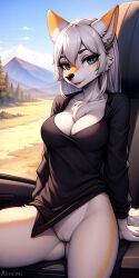 2024 ai_generated anthro ass_visible_through_thighs black_clothing blue_eyes bottomless bottomless_female casual_exposure cleavage female furry gray_fur hybrid innie_pussy long_hair looking_at_viewer oblivious on_train orange_fur orange_hair scenic_view white_fur white_hair wolf