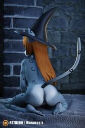 3d_(artwork) absurd_res anthro ass black_clothing breasts castle clothing costume digital_media_(artwork) felid female hair halloween halloween_costume hat headgear headwear hi_res holidays lingerie magic_user mammal monarquis pantherine rear_view red_hair snow_leopard solo witch witch_costume witch_hat