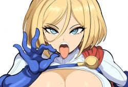 1girls ai_generated blonde_hair blue_eyes dc dc_comics facing_viewer fellatio_gesture female inviting_to_sex kryptonian large_breasts looking_at_viewer mullon novelai open_mouth power_girl solo suggestive suggestive_gesture superheroine superman_(series) tongue