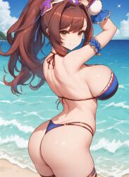 ai_generated alternate_costume ass bare_shoulders beatrix_(granblue_fantasy) bikini blush breasts brown_hair butt_crack female from_behind granblue_fantasy hair_ornament huge_breasts long_hair looking_at_viewer orange_eyes ponytail shiny shiny_hair shiny_skin sideboob smile solo thighhighs thong thong_bikini water