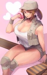 1girls baseball_cap breasts brown_eyes brown_hair cap cleavage female fio_germi gift gift_box glasses heart heart_background holding holding_gift huge_breasts knee_pads looking_at_viewer madsensei metal_slug pink_background ponytail round_butt short_shorts shorts sitting sleeveless_jacket tank_top valentine's_day white_tank_top