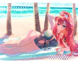 1girls 2022 beach elly_(vtuber) female_focus female_only green_eyes indie_virtual_youtuber long_hair ocean palm_tree ponytail red_hair solo swimsuit tattoo tattooed_arm tattoos tree trees virtual_youtuber vtuber