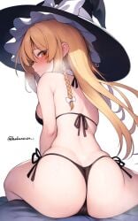 back bare_arms bare_shoulders big_butt bikini black_bikini blonde_hair blush bow braid breasts butt butt_focus cleft_of_venus closed_mouth commentary_request embarrassed female from_behind hakunetsu_denkyu~ halterneck hat hat_bow highres kirisame_marisa leaning_forward long_hair looking_at_viewer marisa_kirisame medium_breasts revision side-tie_bikini_bottom side_braid single_braid sitting skindentation solo string_bikini sweatdrop swimsuit touhou twitter_username white_bow witch_hat yellow_eyes