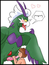 2012 alternate_form avian bird blush fellatio happy happy_sex hikozarulove huge_cock human interspecies open_mouth oral penis pokemon pokephilia size_difference tornadus