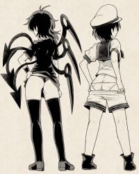 2girls ass asymmetrical_wings black_legwear butt_crack clothes_pull dress from_behind hand_on_own_hip houjuu_nue microdress minamitsu_murasa multiple_girls murasa_minamitsu nue_houjuu panties sailor_collar shoes short_hair short_sleeves shorts shorts_pull standing thighhighs thong touhou underwear urin white_panties wings wrist_cuffs