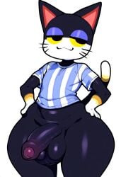 2025 ai_generated animal_crossing anthro balls black_body black_fur bottomless clothed clothing domestic_cat felid feline felis flaccid foreskin fur genitals half-closed_eyes hand_on_hip hands_on_hips hellsonger hi_res humanoid_genitalia humanoid_penis looking_at_viewer male mammal narrowed_eyes pattern_topwear penis punchy_(animal_crossing) shirt simple_background smile smug solo standing striped_topwear teapot_(body_type) thick_thighs topwear whiskers white_background white_clothing white_topwear wide_hips yellow_eyes yellow_sclera