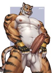 amon-sydonai anthro balls biceps big_pecs big_penis bodily_fluids clothing epic_games felid fingerless_gloves fortnite genital_fluids genitals gloves handwear hi_res humanoid_genitalia humanoid_penis licking licking_lips looking_at_viewer looking_down looking_down_at_viewer low-angle_view male male_only mammal musclegut muscular muscular_anthro muscular_male nude oscar_(fortnite) pantherine pecs penis precum solo solo_male stripes tiger tongue tongue_out vein veiny_penis