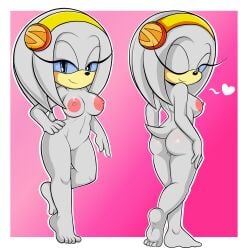 abstract_background absurd_res anthro ass blackmore breasts clothing echidna female footwear genitals hand_on_hip headgear heart hi_res looking_back mammal monotreme navel nipples nude one_eye_closed pussy shoes solo sonic_(series) zeta_the_echidna