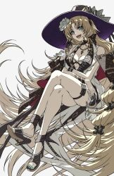 arknights ass bare_legs barefoot big_breasts blue_eyes brown_hair crossed_arms crossed_legs heels inner_thighs long_hair looking_at_viewer shokikanes slim_waist swire_(arknights) teenager thick_thighs thighhighs viewed_from_below wide_hips witch_hat