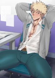 clothed clothing hands_behind_head katsuki_bakugou male_only muscular muscular_male my_hero_academia school_uniform sfw solo solo_male suyohara thick_thighs