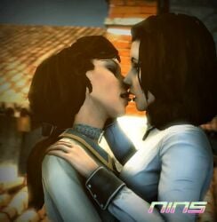 3d animated bioshock bioshock_infinite black_hair brown_hair choker clothing elizabeth_comstock female female_focus female_only french_kiss french_kissing human kissing lesbian_sex long_hair makeup ninssfm pale_skin ponytail saliva saliva_string selfcest shirt tagme tongue tongue_out video yuri