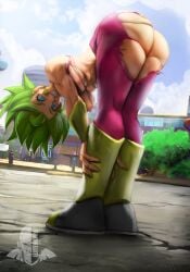 1girls areolae ass bent_over big_ass big_breasts blue_eyes breasts bubble_butt dat_ass dragon_ball dragon_ball_super elitenappa fat_ass female female_only female_saiyan green_eyes huge_ass kefla large_ass looking_at_viewer nipples no_bra no_panties potara_earrings ripped_clothing saiyan smile solo thick_ass thick_thighs wide_hips