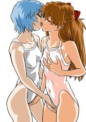 asuka_langley_sohryu belly_button blue_hair breast_grab closed_eyes fingering hand_on_pussy holding_breast kissing long_hair neon_genesis_evangelion one-piece_swimsuit pussy_grip red_hair rei_ayanami short_hair slim_waist small_breasts teenager yuri yuutaku1618