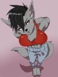 athletic_female blue_jeans female female_only furry furry_female grey_fur red_clothing red_eyes tail yonooshi