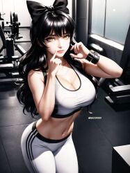 1girls ai_generated big_breasts black_hair blake_belladonna breasts catgirl cleavage clothes clothing female gold_eyes gym gym_clothes gym_uniform hairbow long_hair midriff mrvectorpath navel rwby solo workout_clothing