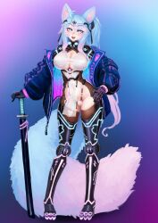 :d ahoge animal_ear_fluff animal_ears asymmetrical_hair bangs barbariank blue_background blue_eyes blue_hair breasts cameltoe cleavage clothing cyberpunk female full_body gluteal_fold gradient gradient_background gradient_hair hair_between_eyes hand_on_hilt hand_on_hip hand_on_own_hip high_resolution indie_virtual_youtuber jacket katana large_breasts large_tail light_blush long_hair looking_at_viewer mechanical_arms mechanical_legs multicolored_background multicolored_hair multicolored_tail off_shoulder open-mouth_smile open_clothes open_jacket open_mouth pelvic_curtain pink_hair planted planted_sword planted_weapon ponytail purple_background revision sheath sheathed side_ponytail silvervale simple_background smile solo standing swept_bangs sword tail tied_hair very_long_hair virtual_youtuber weapon wolf_ears wolf_girl wolf_tail