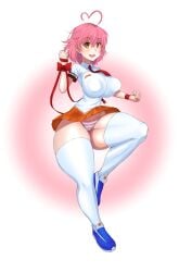 1girls ahoge aino_heart alternate_breast_size arcana_heart arm_up big_breasts breasts brown_eyes busty cameltoe child_bearing_hips cleft_of_venus clenched_hand covered_erect_nipples female female_only heart heart_ahoge highres huge_breasts leg_up legs looking_at_viewer necktie open_mouth panties pantyshot pink_hair ribbon school_uniform schoolgirl short_hair skirt smile solo thick_thighs thighs underwear voluptuous