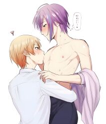 2boys blonde_hair blonde_hair_male dominant dominant_male gay gay_sex half-dressed half_naked half_nude kamishiro_rui nipples orange_eyes purple_hair ruikasa sex shirt short_hair standing submissive submissive_male sucking sucking_nipples tenma_tsukasa twink yaoi yellow_eyes