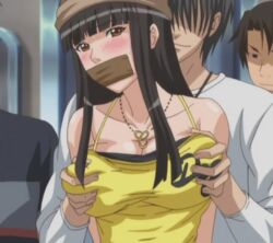 animated black_hair blush breast_grab breasts brown_eyes chikan cleavage crimson_girls_chikan_shihai fondling gag groping kuroha_mitsu long_hair lowres molestation pendant pointy_chin tank_top tape tape_gag taped_mouth