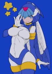 1girls aqua_hair big_breasts blue_background blue_eyes blush blush_lines blushing_at_viewer breasts buzzlyears clothed clothes_lift fairy_leviathan female headgear headwear hips large_breasts lifted_by_self looking_at_viewer mega_man mega_man_zero presenting presenting_breasts simple_background smile solo stars sweatdrop thighhighs