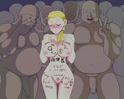 bald blonde_hair blush body_writing breasts censored circle_plum english fat_man flaccid hasunuma_riko humiliation large_breasts nipples nude penis smile terao