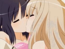 2girls animated animated_gif black_hair blonde_hair blush bra breast_sucking breasts erect_nipples female green_eyes kawamura_reo kissing large_breasts lowres multiple_girls nipples open_clothes red_eyes sawaguchi_mai screencap screenshot short_hair sono_hanabira_ni_kuchizuke_wo underwear yuri