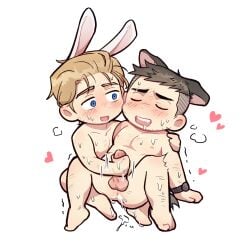 2boys after_anal after_sex animal_ears bara black_eyes black_hair blonde_hair blue_eyes boy_on_top chibi completely_nude couple cum cum_on_ass cumdrip david_king_(dead_by_daylight) dead_by_daylight dog_boy dog_ears dog_tail drooling ears_down erection eyebrow_cut facial_hair felix_richter full_body gay hair_slicked_back handjob heart highres kemonomimi_mode looking_at_another male_focus mouth_drool multiple_boys muscular_uke nipples nude pectorals penis rabbit_boy rabbit_ears rabbit_tail reach-around saliva short_hair simple_background sparse_arm_hair sparse_chest_hair sparse_leg_hair spread_legs stubble sweat tail testicles thick_eyebrows toony uncensored undercut wasted_m9 white_background yaoi