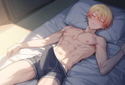 1boy ai_generated ai_golden_map bed big_bulge bulge erect_while_sleeping erection erection_in_panties male male_focus male_only muscles muscular muscular_male orange_hair project_sekai sleeping solo tenma_tsukasa