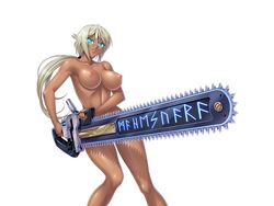 angry blonde_hair blue_eyes breasts cara_the_blood_lord chainsaw clenched_teeth dark-skinned_female dark_skin earrings female glowing_eyes kagami large_breasts lilith-soft long_hair marika_krishna nipples ponytail solo tied_hair