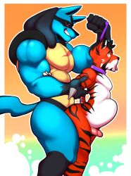 absurd_res anthro big_penis black_body black_fur blue_body blue_fur collar dominant dominant_male duo erection erection_while_penetrated eye_scar facial_scar felid from_behind_position fur gay gay_sex generation_4_pokemon genitals girly golden_fox hi_res holding_arm large_insertion larger_male leash leash_pull leashed_collar looking_down looking_pleasured lucario male male/male mammal muscular muscular_male nagisalucario nintendo open_mouth orange_body pantherine penetration penis pokemon pokemon_(species) purple_eyes scar sex simple_background size_difference smile smirk standing standing_sex stomach_bulge striped_body stripes tiger tongue tongue_out yellow_body yellow_fur