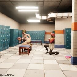 3d 3d_(artwork) creampied cum_in_pussy exhibitionism fortnite helsie_(fortnite) jules_(fortnite) kodaknsfw locker_room masterkodak naked_female pussy_dripping skye_(fortnite) spread_legs spread_pussy winter_wonder_skye_(fortnite) yuri