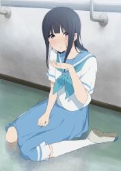 absurdres aqua_neckerchief black_hair blue_hair blue_sailor_collar blue_skirt commentary commission cum cum_in_mouth cum_on_hands female full_body hibike!_euphonium highres indoors kicchi_(tmgk) kitauji_high_school_uniform kneehighs long_hair looking_at_viewer neckerchief purple_eyes sailor_collar school_uniform serafuku shirt shoes short_sleeves sitting skeb_commission skirt socks solo summer_uniform uwabaki white_footwear white_shirt white_socks yoroizuka_mizore