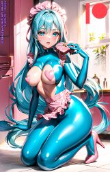 ai_generated bodysuit breasts female high_heels kuriboh_ex_(artist) latex latex_suit maid_headdress oppai rubber rubber_suit turquoise_eyes turquoise_hair