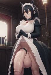 ai_generated black_hair choker cock_ring flaccid_penis futanari horse_ears horse_girl hyper_breasts hyper_genitalia hyper_penis large_balls large_penis maid maid_headdress maid_outfit maid_uniform spartan25 yellow_body