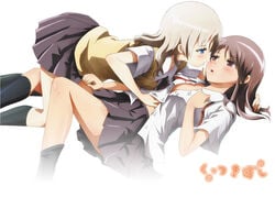 2girls blonde_hair blue_eyes brown_hair female kawakami_kiiko kissing kuttsukiboshi multiple_girls red_eyes saitou_aaya school_uniform yuri