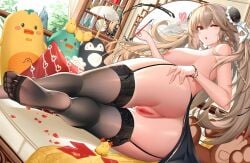 absurdres anchorage_(azur_lane) anchorage_(moonlit_boat_ride)_(azur_lane) ass azur_lane black_thighhighs bow bow_earrings bracelet braid breasts bun_cover double_bun earrings feet female from_behind garden01 garter_straps hair_bun hand_on_own_ass heart highres holding_calligraphy_brush hongbao jewelry kneepits lace lace-trimmed_legwear lace_trim large_breasts light_brown_hair long_hair looking_at_viewer looking_back lying manjuu_(azur_lane) nipples no_shoes official_alternate_costume on_side one_eye_closed open_mouth pussy soles stuffed_toy thighhighs twin_braids twintails