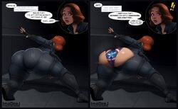 !! 1female 1girls accidental_exposure ass big_ass big_butt black_widow_(marvel) blush blushing bodysuit captain_america_(series) dialogue embarrassed exposed_ass exposed_panties female female_focus female_only gun holster holstered_pistol holstered_weapon imadeej large_ass large_butt marvel marvel_comics natasha_romanoff panties print_panties red_hair redhead ripped_bodysuit ripped_clothes ripped_clothing solo solo_female solo_focus tearing_open_bottoms thick thick_ass thick_thighs torn_bodysuit torn_clothes torn_clothing torn_open_bottoms two_panel two_panel_image wardrobe_malfunction weapon