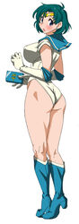 ami_mizuno ass bishoujo_senshi_sailor_moon blue_eyes blush boots clothing computer electronics erect_nipples erect_nipples_under_clothes female female_only footwear gloves green_hair handwear human kunifuto large_breasts looking_at_viewer no_pants sailor_mercury short_hair solo tiara