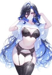 ai_generated arms_up belly_button big_breasts black_hair black_stockings blue_hair blush bra clorinde_(genshin_impact) earrings garter_belt garter_straps genshin_impact hoyoverse lingerie lingerie_only long_hair panties purple_eyes setsuaiart shirt_lift shirt_up slim_waist stockings thick_thighs thigh_highs thighhighs two_tone_hair underwear wide_hips