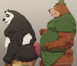 2024 absurd_res anthro ass barazoku bear belly big_belly black_body black_nose blush bottomwear brown_body clothing dreamworks duo erection genitals giant_panda hat headgear headwear hi_res jumperbear kemono kung_fu_panda little_john male male/male mammal master_po_ping musclegut muscular overweight overweight_male penis shorts simple_background undressing