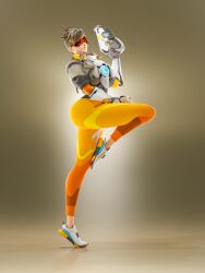 3d 3d_(artwork) 3d_model electrotoyy looking_at_viewer overwatch overwatch_2 pose showing_off simple_background tracer white_background