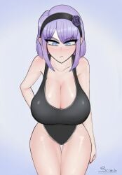 1girls artist_name big_breasts blue_eyes breasts busty curvy dagashi_kashi hair_ornament hairband half-closed_eyes hand_on_hip highres large_breasts leaning_forward long_hair looking_at_viewer medium_hair one-piece_swimsuit pose posing purple_hair serious shidare_hotaru solo swimsuit thick_thighs thighs wide_hips