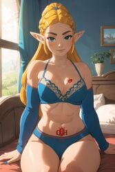 1girls ai_generated bed bedroom blonde_hair blue_eyes blue_nipples blush bra braid breasts breath_of_the_wild cleavage elf_ears female female_only indoors long_hair looking_at_viewer navel panties pointy_ears princess princess_zelda queen_of_hearts raceplay royalty sitting smile solo stomach tattoo the_legend_of_zelda thick_thighs thighs underwear yuroart zelda_(breath_of_the_wild)