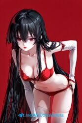 1girl 1girls ai_generated akame_(akame_ga_kill!) akame_ga_kill! black_hair breasts cleavage commentary_request female female_focus female_only hourglass_figure long_hair panties red_bra red_eyes red_panties stockings twintails very_long_hair wet zelanell